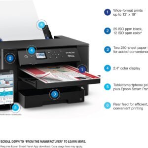 Epson Workforce Pro WF-7310 Wireless Wide-Format Printer with Print up to 13" x 19" Auto Double-Sided Printing max 11" x 17", 500-sheet Capacity, 2.4" Color Display, Smart Panel App - Black