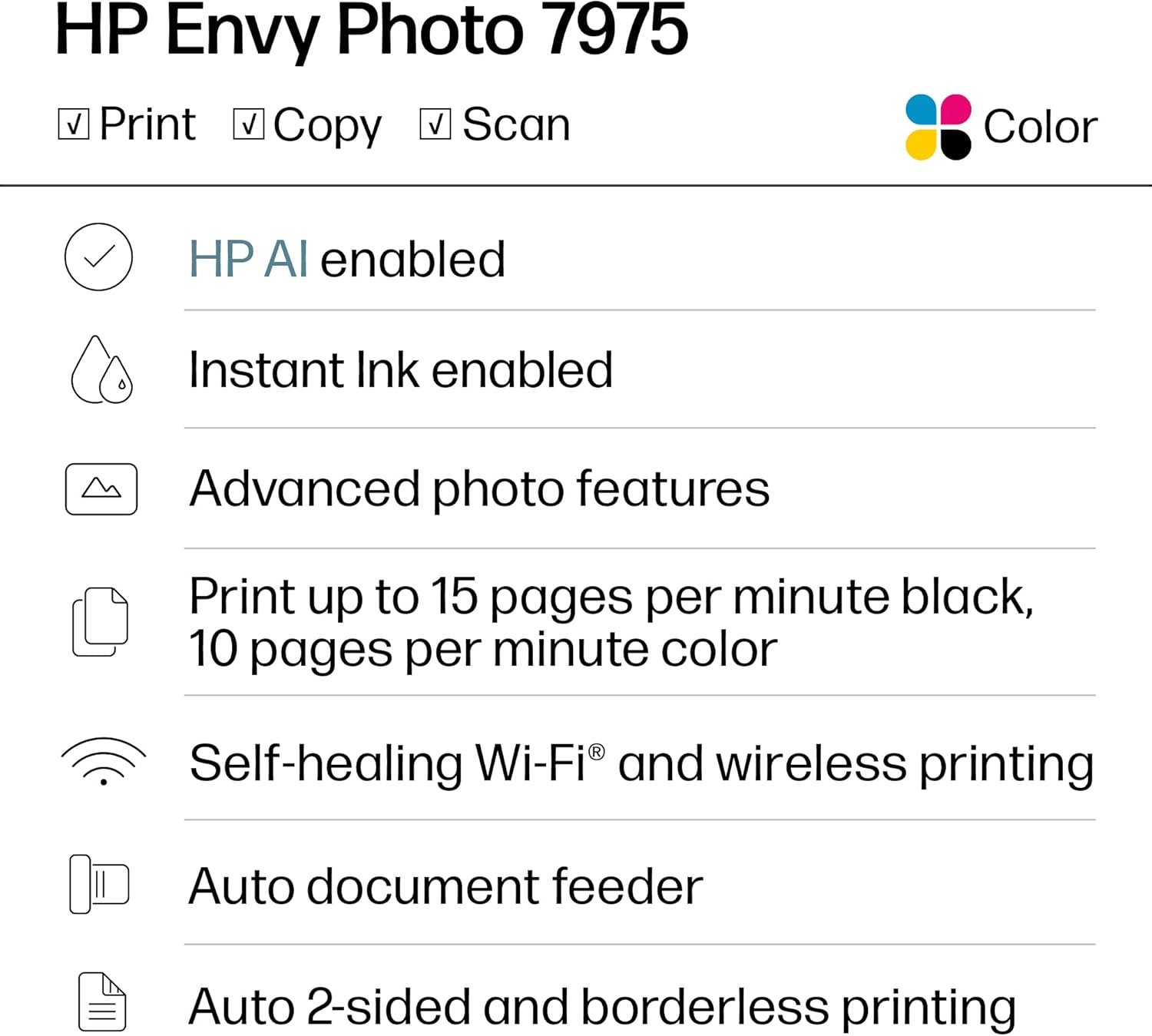 HP Envy Photo 7975 Wireless Color Inkjet Photo Printer, Print, scan, Copy, Easy Setup, Mobile Printing, Best-for-Home, 3 Month Instant Ink Trial Included, AI-Enabled (B63K3A) - Image 2