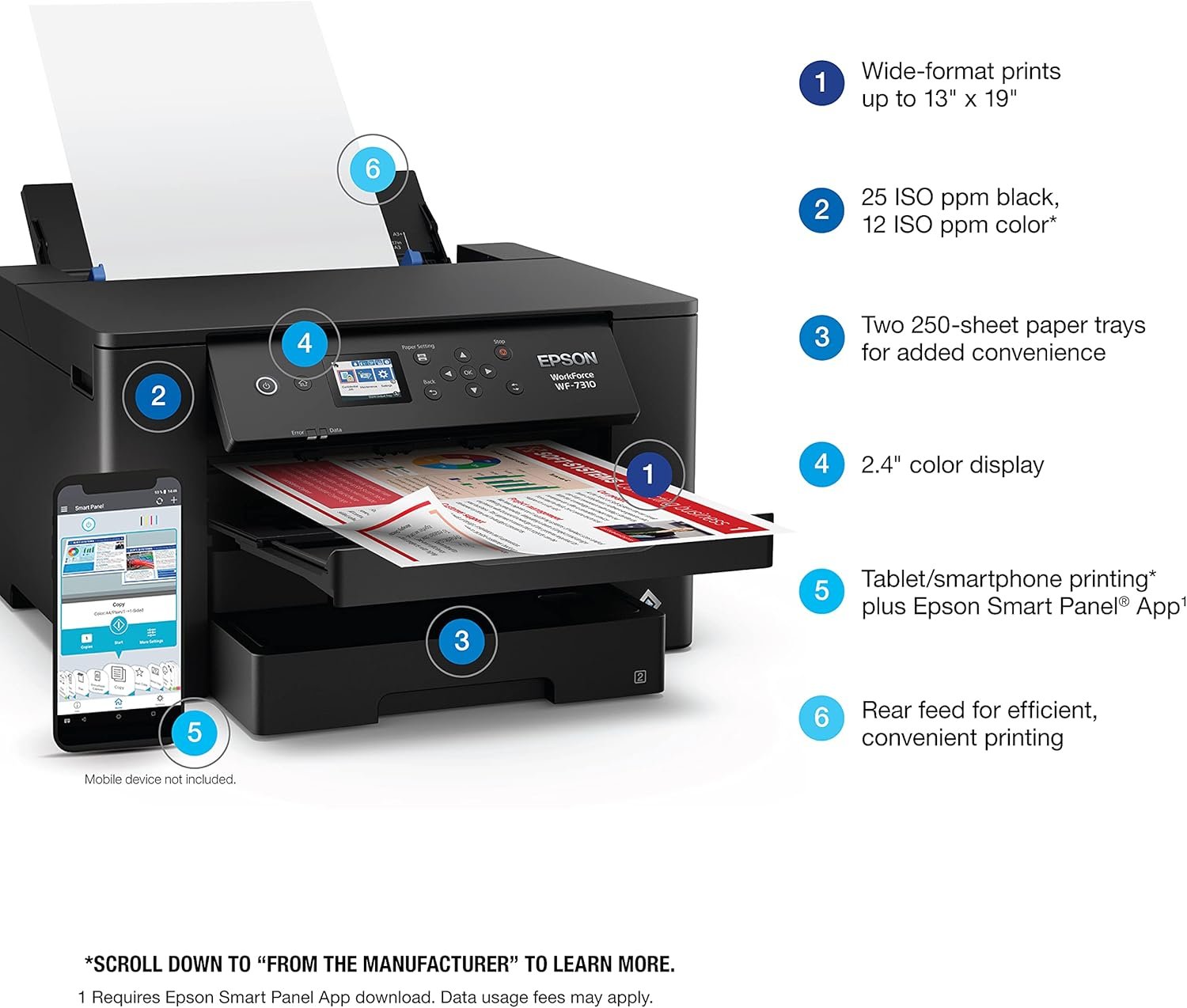 Epson Workforce Pro WF-7310 Wireless Wide-Format Printer with Print up to 13" x 19" Auto Double-Sided Printing max 11" x 17", 500-sheet Capacity, 2.4" Color Display, Smart Panel App - Black - Image 4
